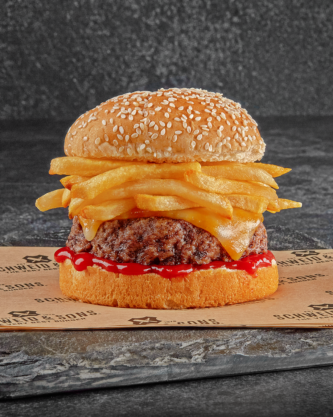 Juicy burger with golden crispy french fries