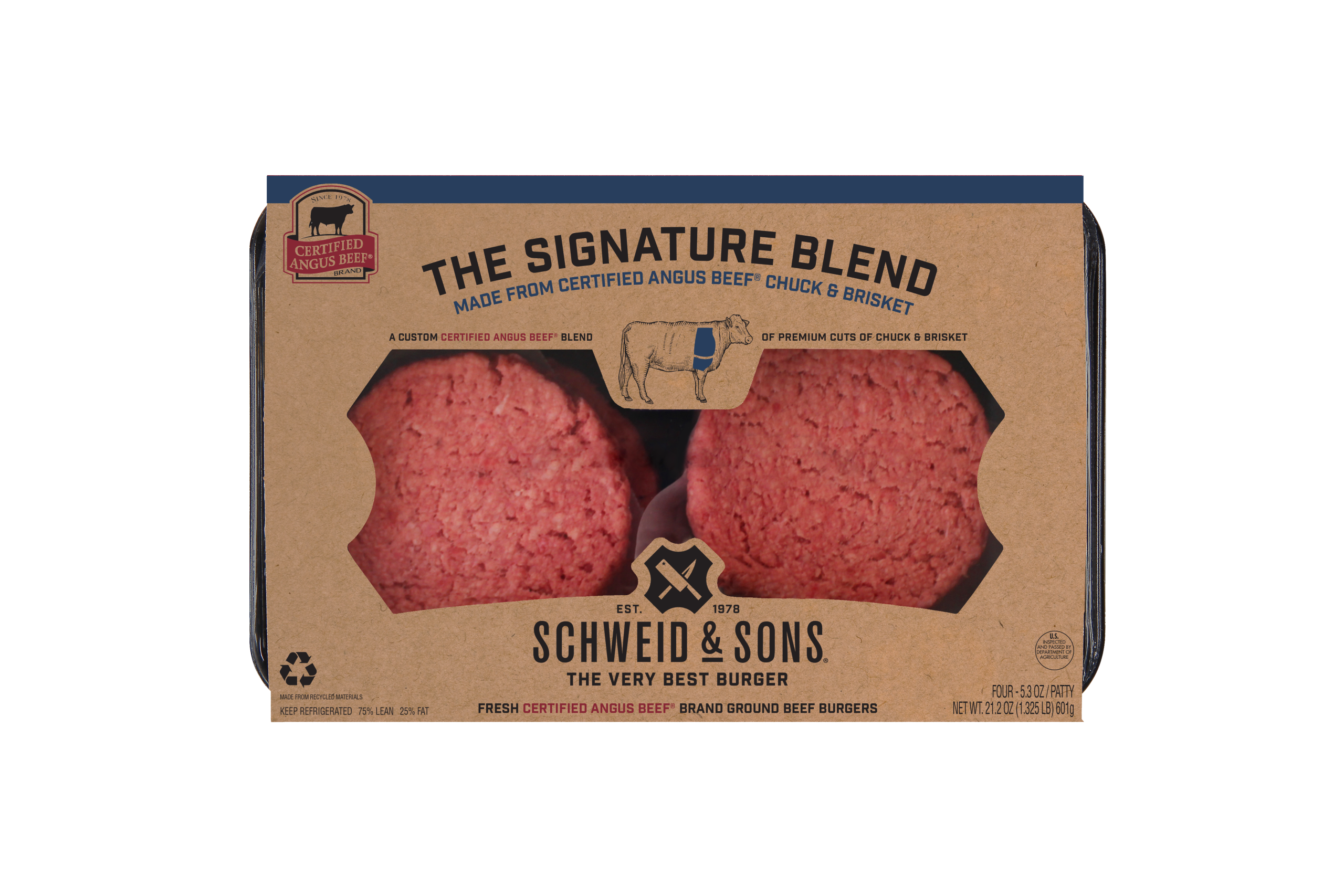 Schweid and sons certified angus beef brand the signature blend. burgers made with chuck and brisket