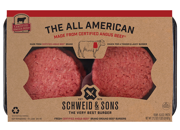 The CAB All American Burger package with a brown kraft sleeve and inside you see two fresh Burger patties.