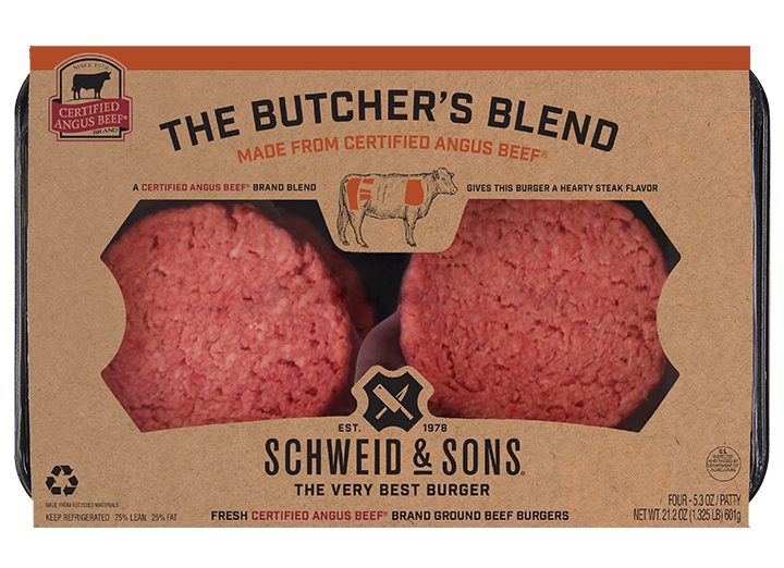 The Butcher's Blend Burger package with a brown kraft sleeve and inside you see two fresh Burger patties.
