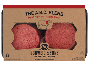 The A.B.C. Blend Burger package with a brown kraft sleeve and inside you see two fresh Burger patties.