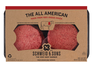 The All American Burger package with a brown kraft sleeve and inside you see two fresh Burger patties.