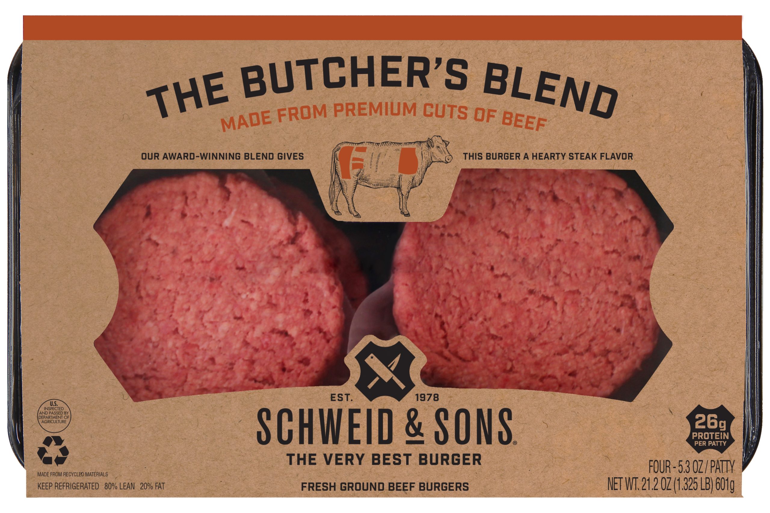 schweid and sons the butchers blend made from premium cuts of chuck, round, and sirloin