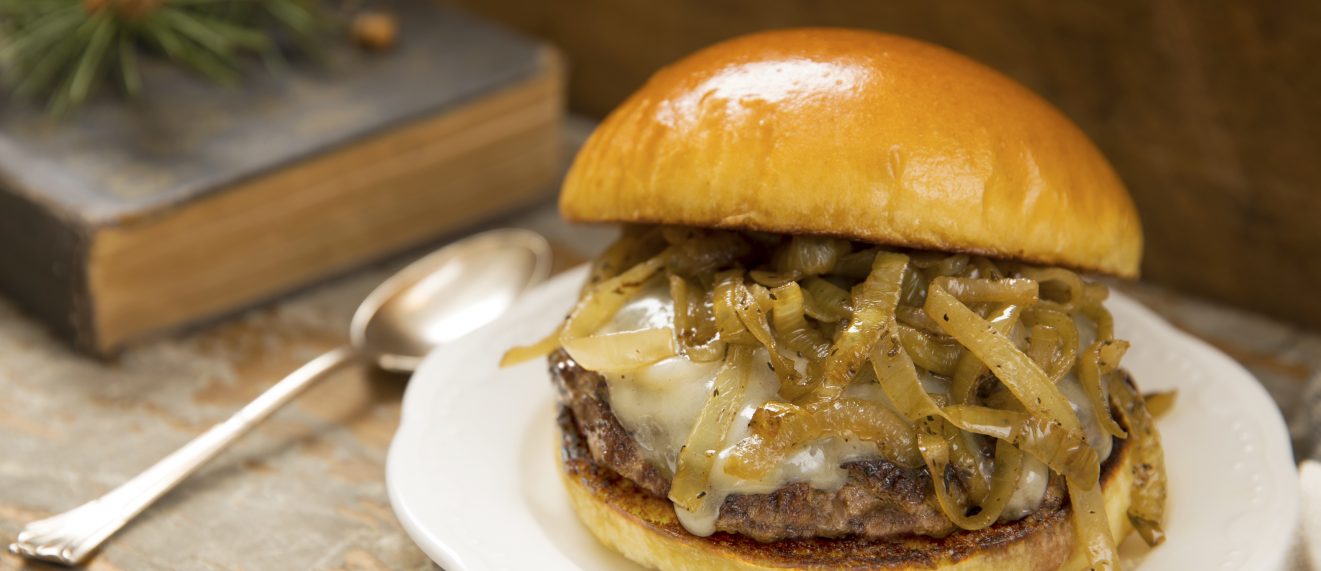 French onion soup Burger topped with onions and gruyere cheese!
