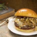 French onion soup Burger topped with onions and gruyere cheese!