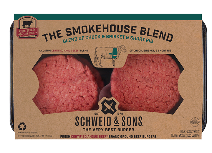 The Smokehouse Blend Burger package with a brown kraft sleeve and inside you see two fresh Burger patties.