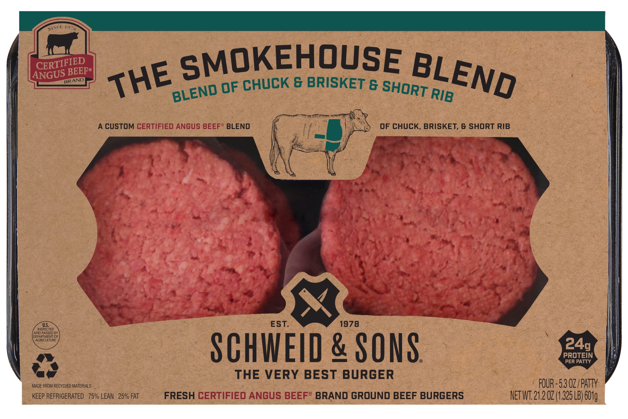 schweid and sons the smokehouse blend made from premium cuts of chuck, brisket, and short rib
