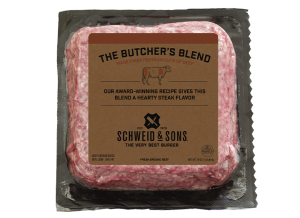 Ground Beef in a clear pack with a color label on front panel