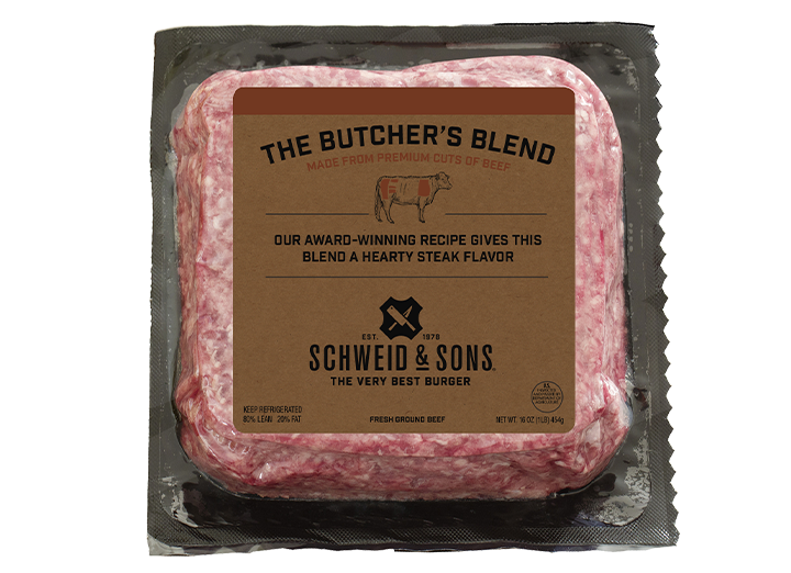 Ground Beef in a clear pack with a color label on front panel