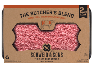 The Butcher's Blend 2lb loaf package with a brown kraft sleeve and inside you see fresh ground beef.