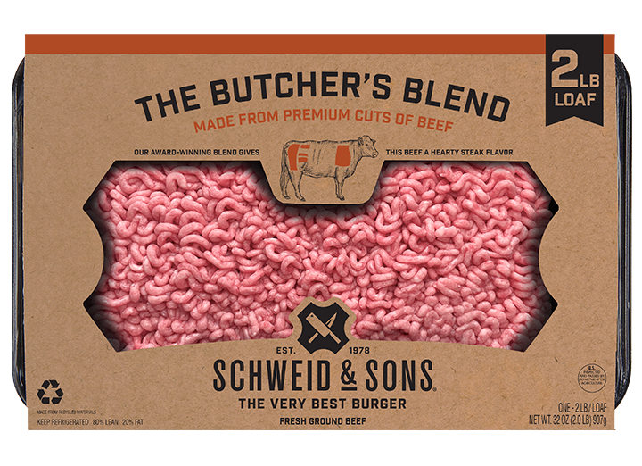 The Butcher's Blend 2lb loaf package with a brown kraft sleeve and inside you see fresh ground beef.