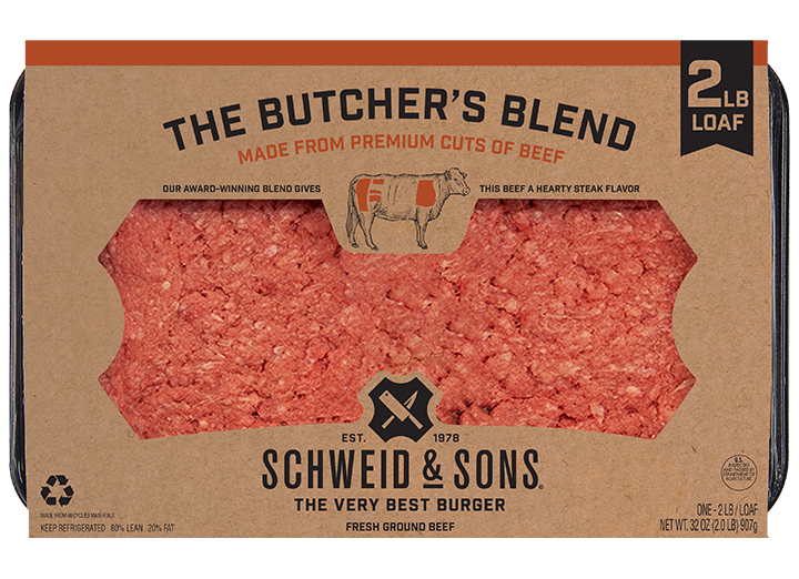 The Butcher's Blend 2lb loaf package with a brown kraft sleeve and inside you see fresh ground beef.