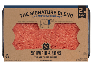The Signature Blend 2lb loaf package with a brown kraft sleeve and inside you see fresh ground beef.