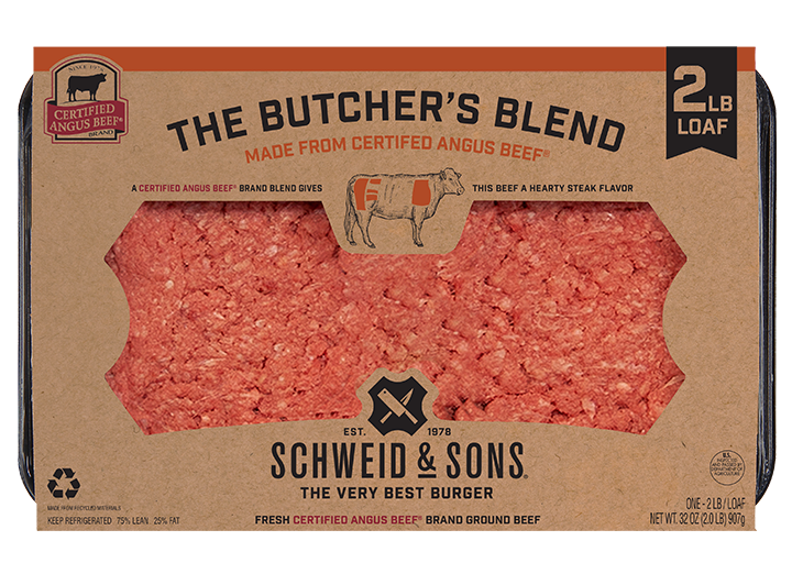 The CAB Butcher's Blend 2lb loaf package with a brown kraft sleeve and inside you see fresh ground beef.