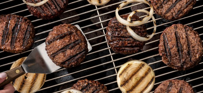 Burgers and Onions on grill