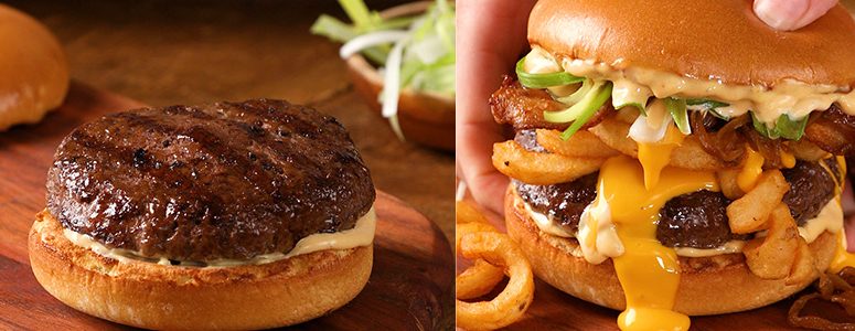 Left side: Juicy single patty burger on top of a bun with cheese served on a wood cutting board. Right side: Juicy single patty burger topped with curly fries, bacon lettuce and cheese between two buns.