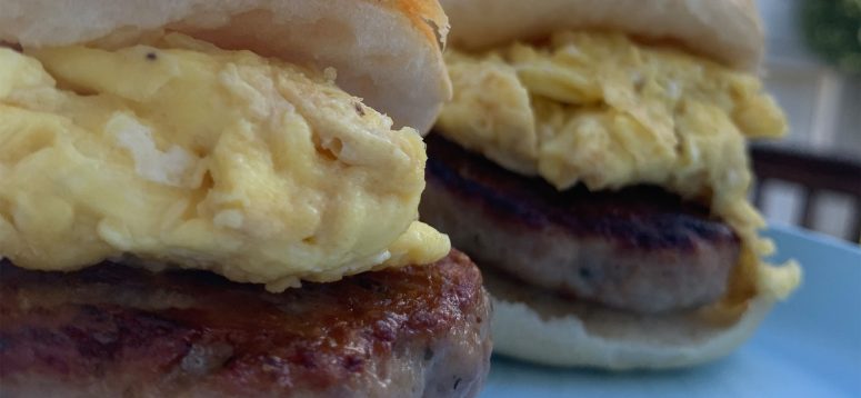 Pork Sausage Breakfast Patties with scrambled eggs on an biscuit