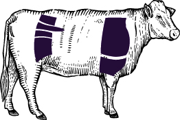Sketched Steer with beef parts highlighted in dark purple to note which cuts are used in the Burger Blend