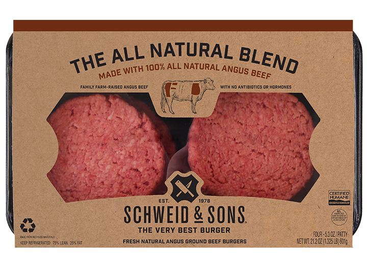 The All Natural Blend Burger package with a brown kraft sleeve and inside you see two fresh Burger patties.