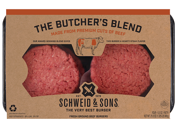 The Butcher's Blend Burger package with a brown kraft sleeve and inside you see two fresh Burger patties.