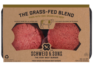 The Grass-Fed Blend Burger package with a brown kraft sleeve and inside you see two fresh Burger patties.