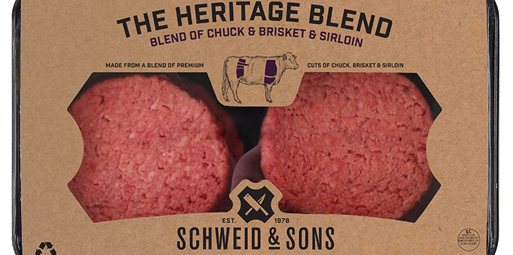 The Heritage Blend Burger package with a brown kraft sleeve and inside you see two fresh Burger patties.