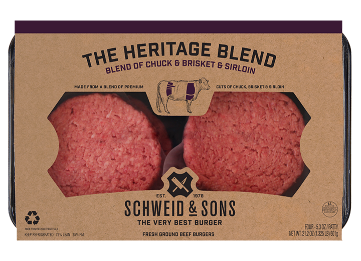 The Heritage Blend Burger package with a brown kraft sleeve and inside you see two fresh Burger patties.