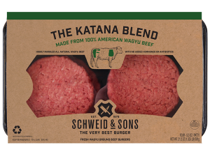 The Katana Blend Burger package with a brown kraft sleeve and inside you see two fresh Burger patties.