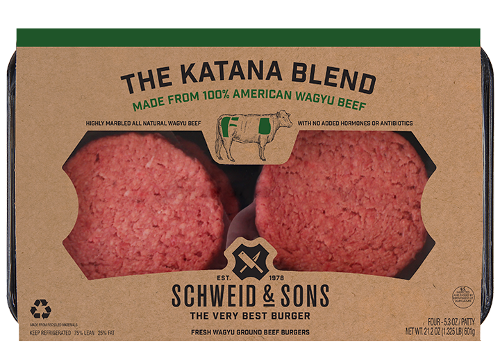 The Katana Blend Burger package with a brown kraft sleeve and inside you see two fresh Burger patties.