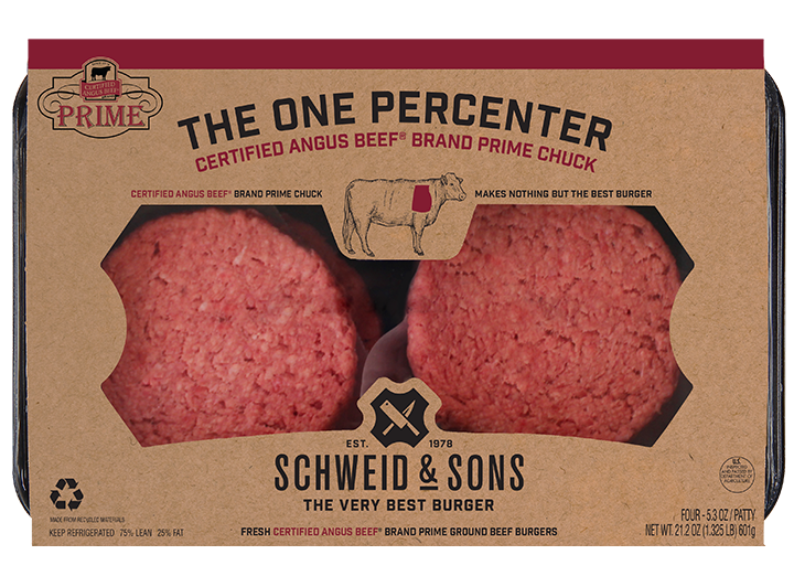 The One Percenter Blend Burger package with a brown kraft sleeve and inside you see two fresh Burger patties.