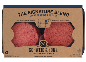 The Signature Blend Burger package with a brown kraft sleeve and inside you see two fresh Burger patties.
