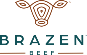 Brazen Beef logo with an outlined steer head in burnt organge and BRAZEN BEEF written out underneath in dark blue/green.