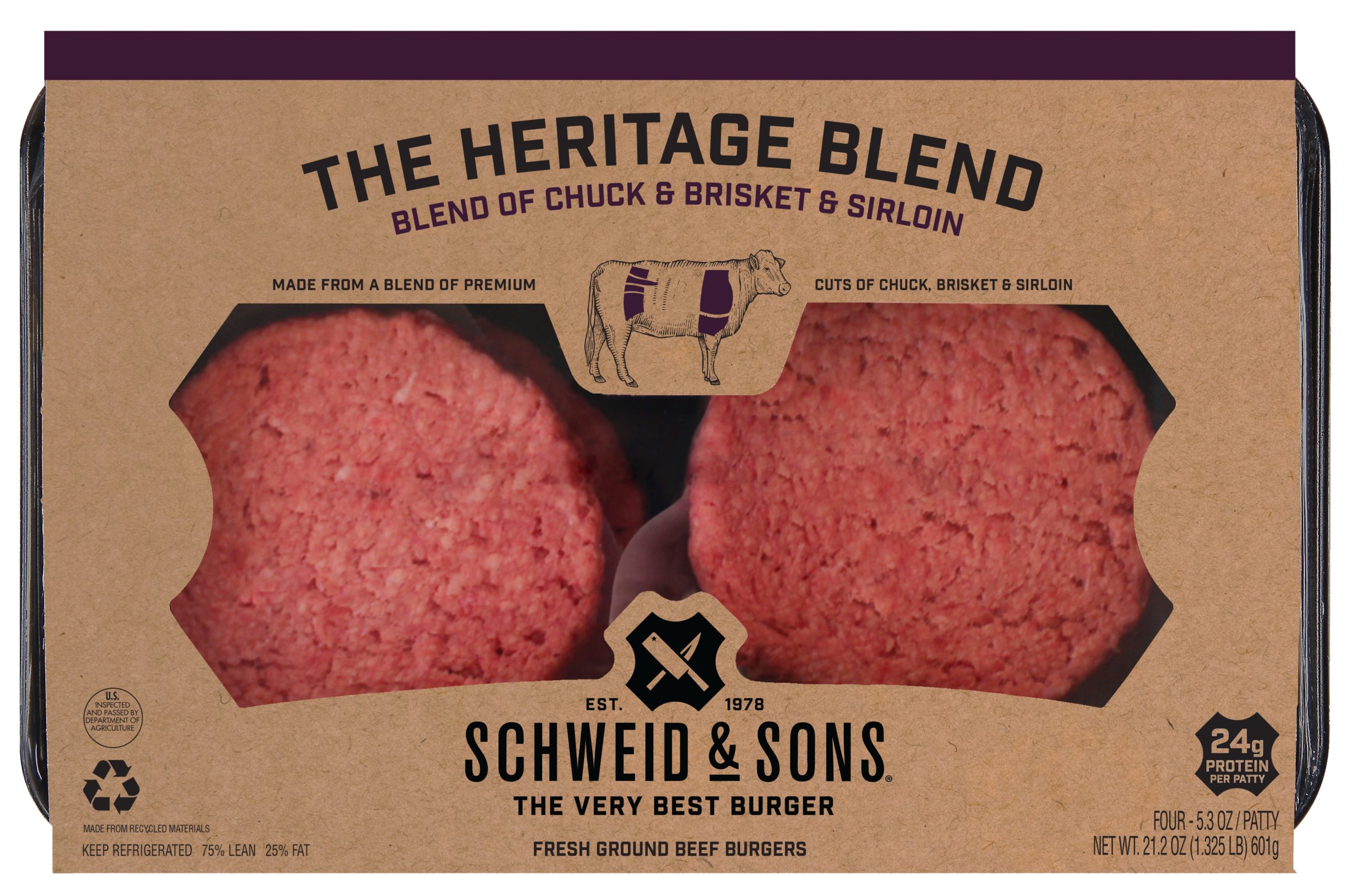 schweid and sons the heritage blend made from premium cuts of chuck, brisket, and sirloin