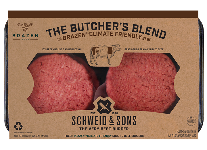 The Climate Friendly The Butcher's Blend Burger package with a brown kraft sleeve and inside you see two fresh Burger patties.
