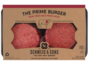 The Prime Burger package with a brown kraft sleeve and inside you see two fresh Burger patties.