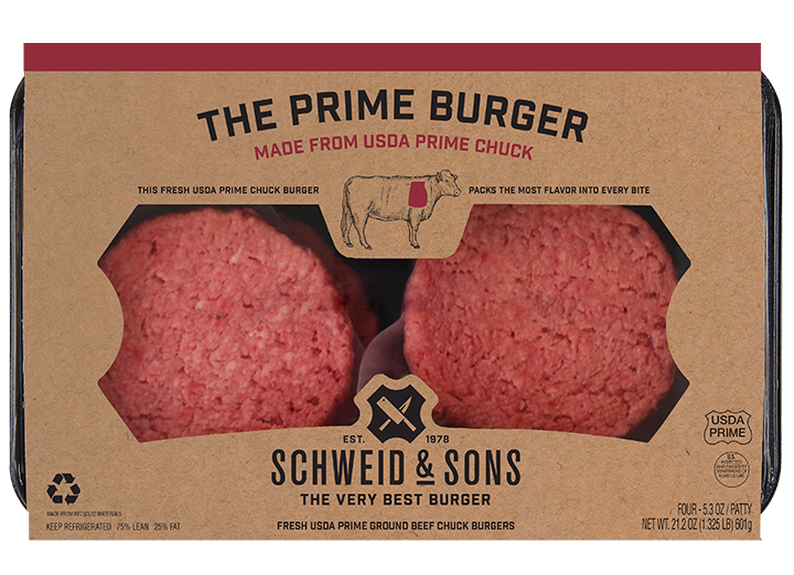 The Prime Burger package with a brown kraft sleeve and inside you see two fresh Burger patties.