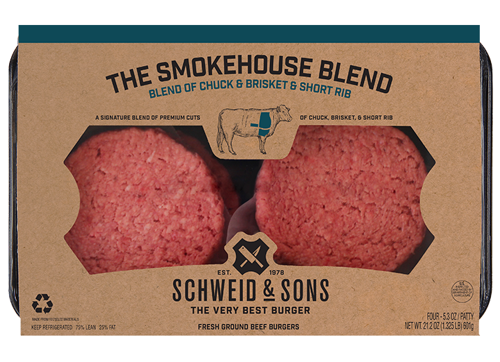The Smokehouse Blend Burger package with a brown kraft sleeve and inside you see two fresh Burger patties.
