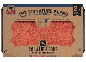 CAB The Signature Blend 2lb loaf package with a brown kraft sleeve and inside you see fresh ground beef.