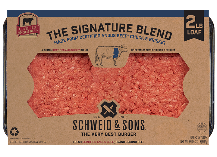 CAB The Signature Blend 2lb loaf package with a brown kraft sleeve and inside you see fresh ground beef.