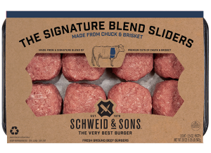 The Signature Blend Sliders package with a brown kraft sleeve and inside you see fresh beef sliders