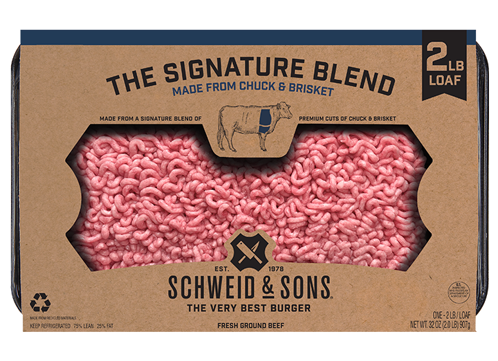 The Signature Blend 2lb loaf package with a brown kraft sleeve and inside you see fresh ground beef.