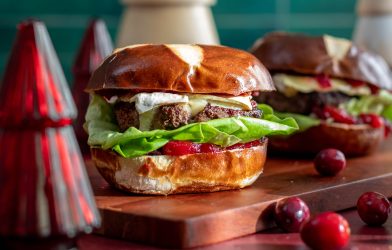 Cranberry Brie Burger with holiday decor