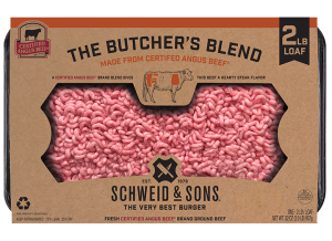 The CAB Butcher's Blend 2lb loaf package with a brown kraft sleeve and inside you see fresh ground beef.