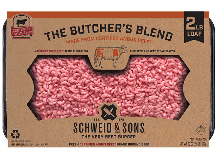 The CAB Butcher's Blend 2lb loaf package with a brown kraft sleeve and inside you see fresh ground beef.