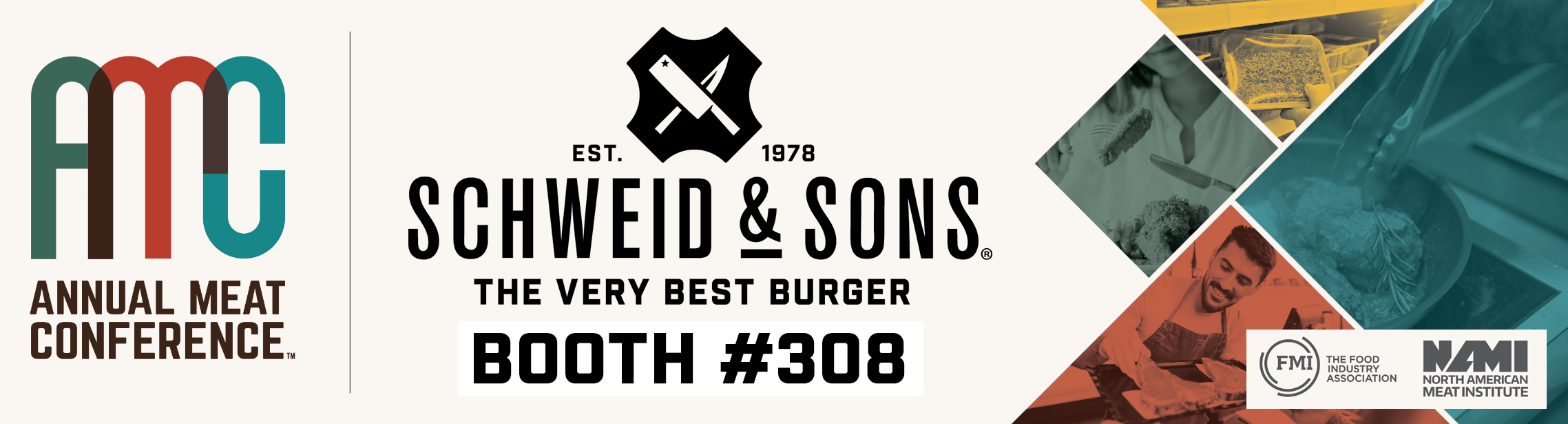 Banner for American Meat Conference with Schweid and Sons logo and booth number 308