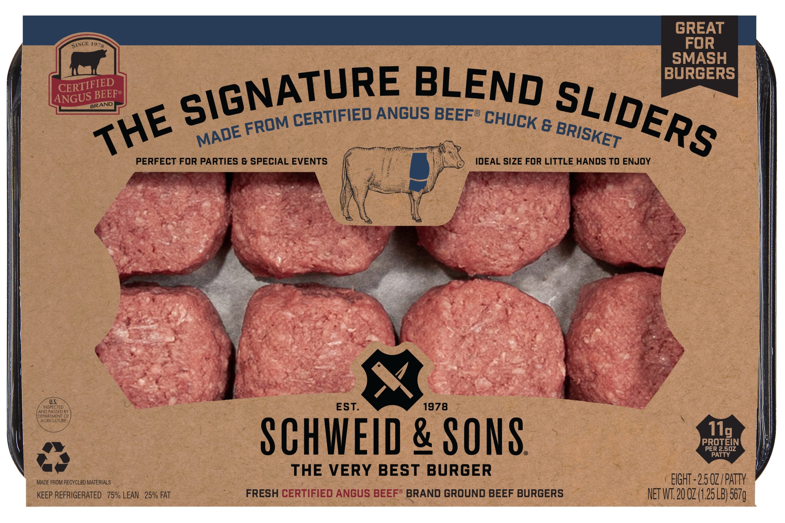 schweid and sons certified angus beef brand the signature blend sliders. 2.5oz sliders made from premium cuts of chuck and brisket