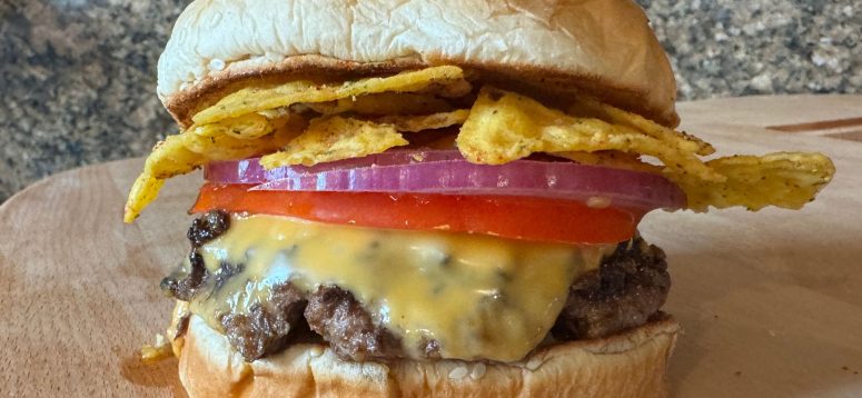 Bobby Flay Crunch Burger. Potato chips on a Burger