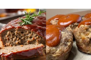 how to scale recipes up and down. Double a recipe or cut one in half. Shown is a full meatloaf vs meatloaf muffins