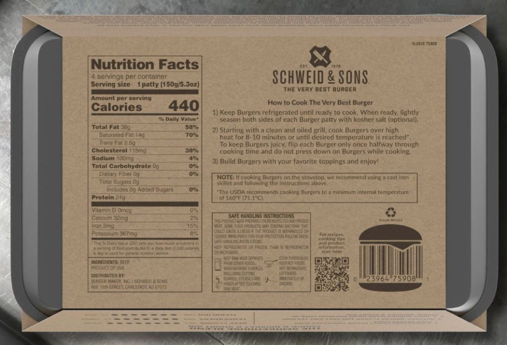 schweid and sons the smokehouse blend back of packaging showing the nutritional panel, cooking directions and access to schweid and sons' website and recipes.