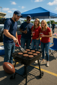 Tailgating for a football game while making burgers